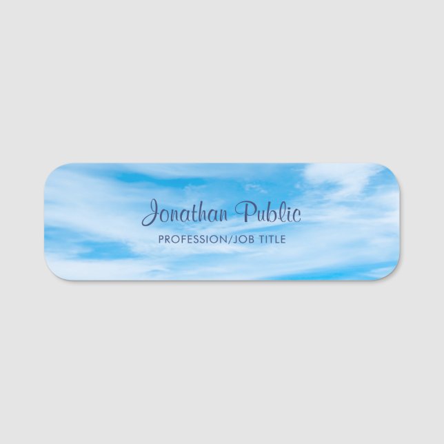 Blue Sky Clouds Handwritten Script Name Template Tag (Front)