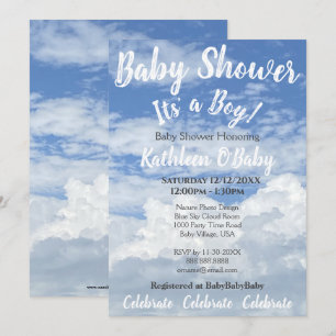 BLUE SKY CLOUDS PHOTO BABY BOY SHOWER INVITATION