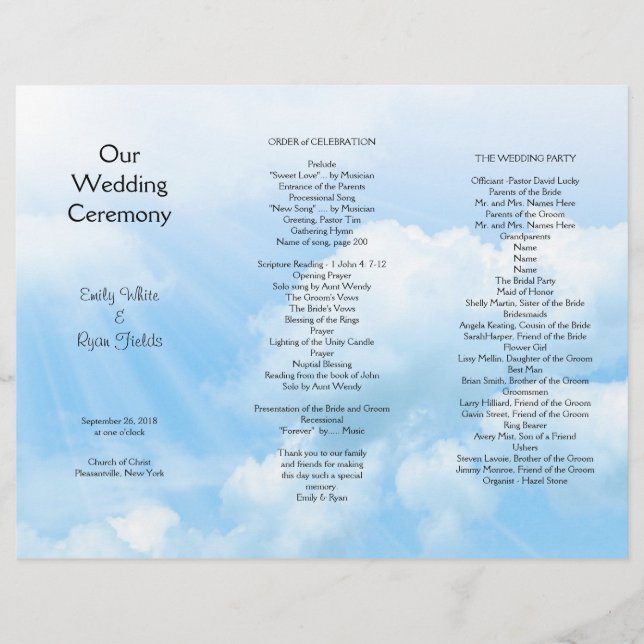 Blue Sky Clouds Tri-fold Wedding Program (Front)