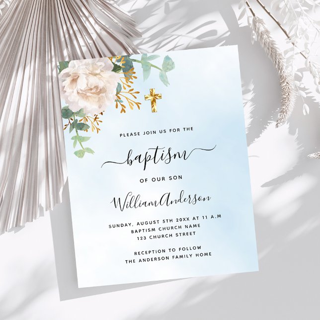 Blue sky floral eucalyptus boy baptism invitation (Creator Uploaded)