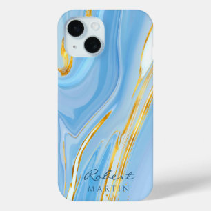 Blue Sky Gold Glitter Marble Customisable iPhone 15 Case