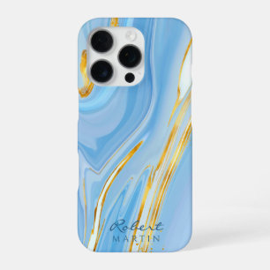 Blue Sky Gold Glitter Marble Customisable iPhone 16 Pro Case
