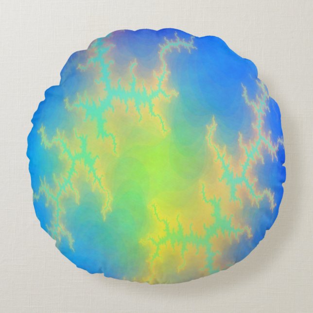 Blue Sky & Golden Yellow Lightning Bolts Round Cushion (Front)