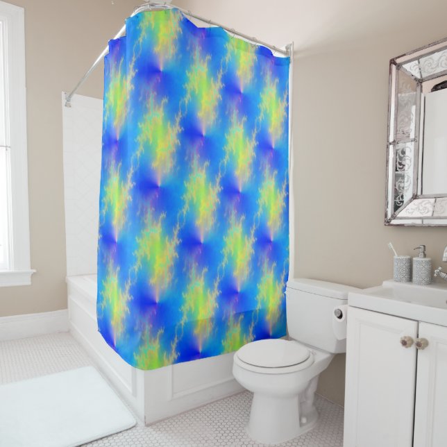 Blue Sky & Golden Yellow Lightning Bolts Shower Curtain (In Situ)