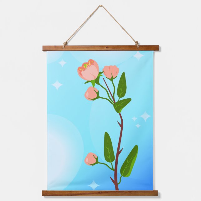 Blue sky gradient with blooming spring branch  hanging tapestry (Front)
