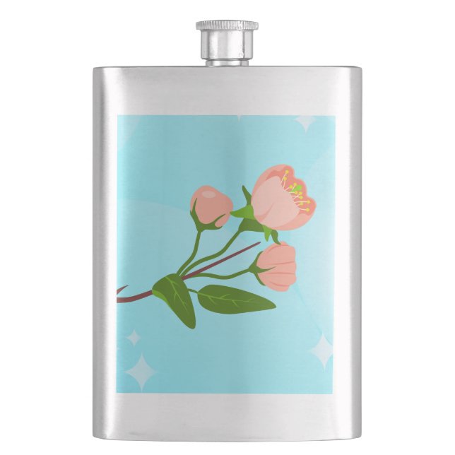 Blue sky gradient with blooming spring branch  hip flask (Front)