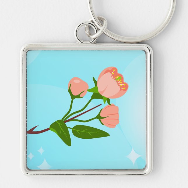 Blue sky gradient with blooming spring branch  key ring (Front)