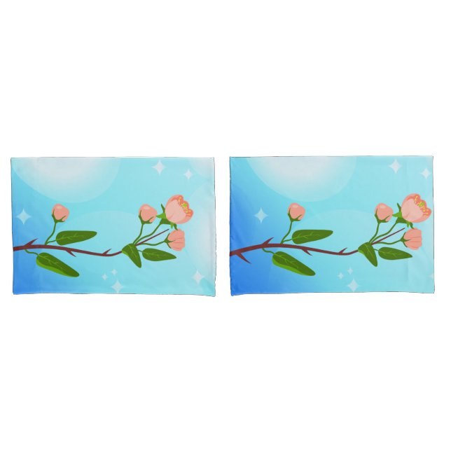 Blue sky gradient with blooming spring branch  pillowcase (Front-Set)