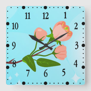 Blue sky gradient with blooming spring branch  square wall clock