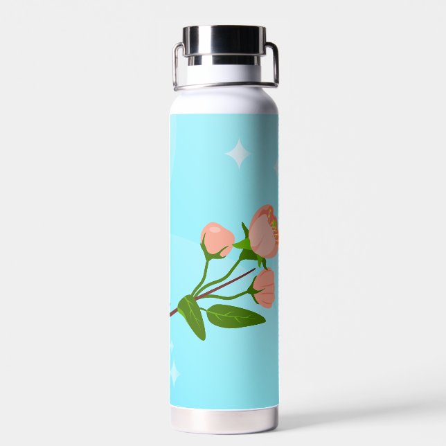 Blue sky gradient with blooming spring branch  water bottle (Back)