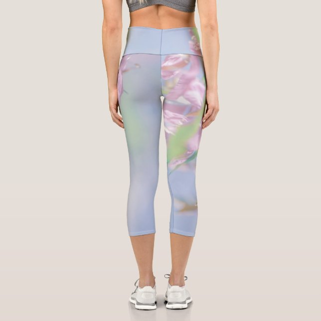 Blue Sky Green Plant Leaves Purple Flowers Capri Leggings (Back)
