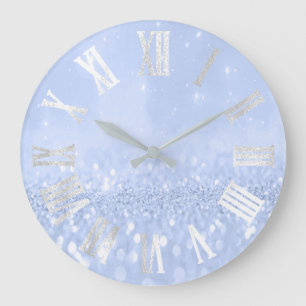 Blue Sky Grey Silver Glitter Metal Roman Numers Large Clock