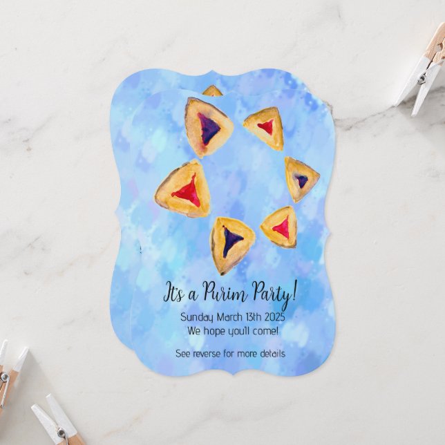 Blue Sky Hamantaschen Star Purim Party Invitations (Front/Back In Situ)
