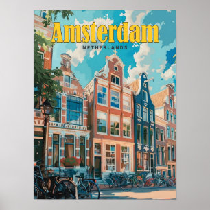 Blue Sky in Amsterdam Netherlands Vintage Travel  Poster