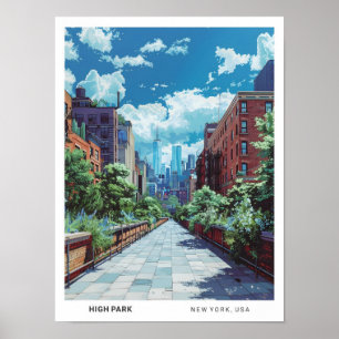 Blue Sky in High Park New York USA Vintage Travel Poster