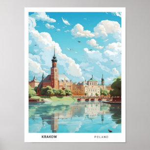 Blue Sky in Krakow Poland Vintage Travel  Poster