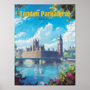 Blue Sky in London Parliament England Vintage Poster