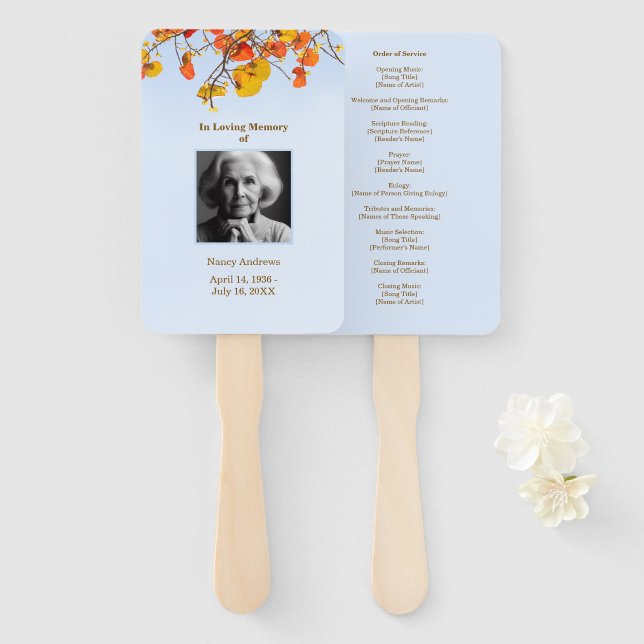 Blue Sky Leaves Funeral Memorial Order of Service  Hand Fan (Front and Back)