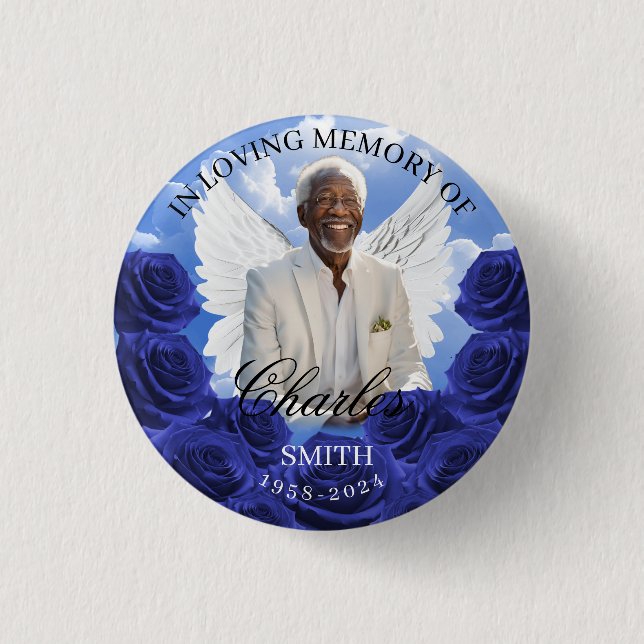 Blue Sky Memorial Button Roses Angel Wings Button (Front)