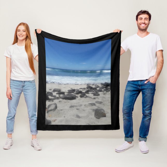 Blue Sky Ocean Lava Rocks Fleece Blanket (In Situ)