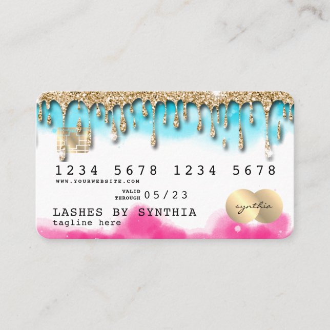 Blue Sky Ocean Watercolor Credit Card gold drips (Front)