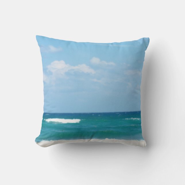 Blue Sky Ocean Waves Crashing At Delray Shore Cushion (Front)
