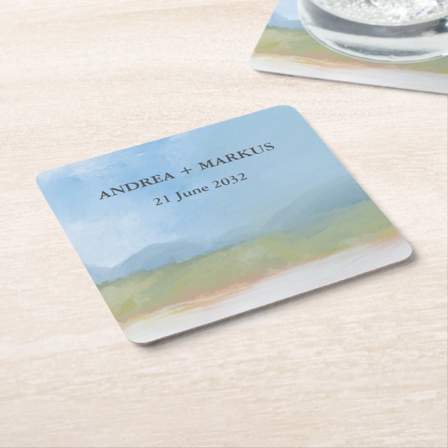 Blue Sky Painted Landscape Wedding  Square Paper Coaster (Angled)