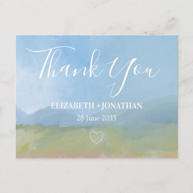 Blue Sky Painted Landscape Wedding Thank You Postcard (Front)