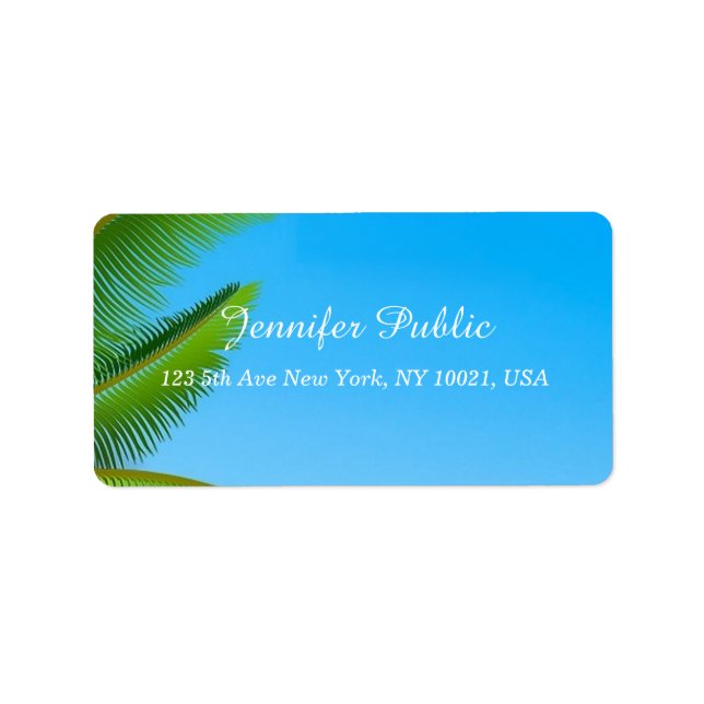 Blue Sky Palm Leaves Elegant Hand Script Template Label (Front)