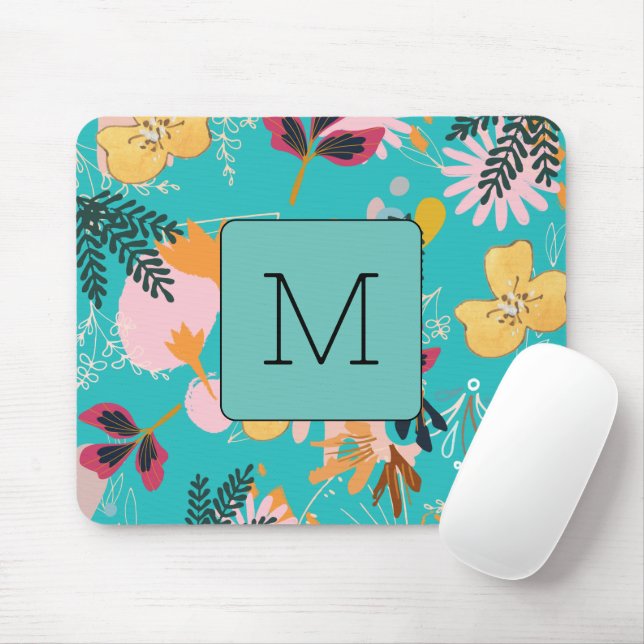 Blue sky pattern Watercolor flower initial chic Mouse Mat (With Mouse)