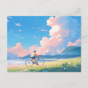 Blue sky riding a bicycle anime postcard