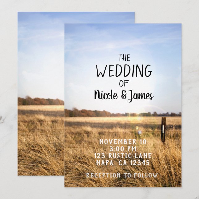 Blue Sky Rustic Country Field Barn Wedding Invitation (Front/Back)