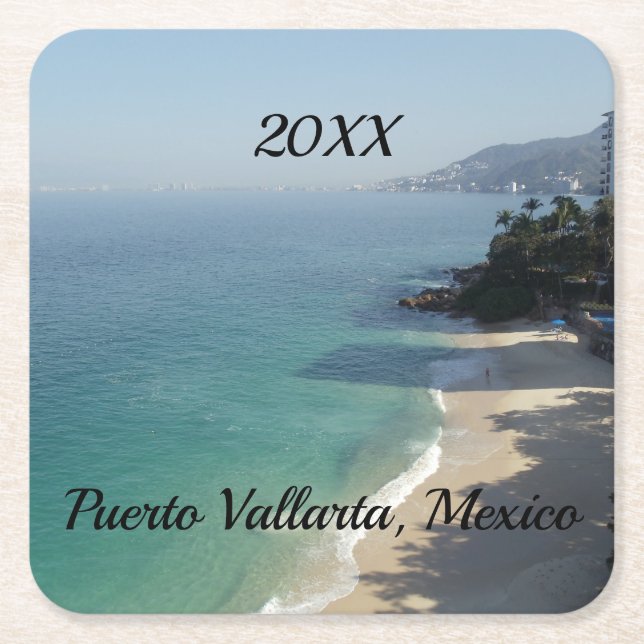 blue sky sandy beach and the sea square paper coaster (Front)