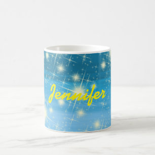 Blue sky shining stars yellow name coffee mug