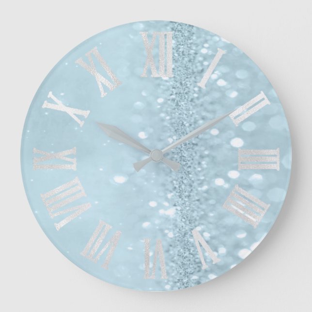 Blue Sky Silver Glitter Grey Roman Numbers Large Clock (Front)