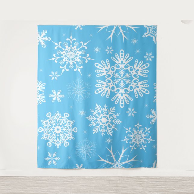 Blue sky Snowflake pattern Christmas backdrop Tapestry (Front)