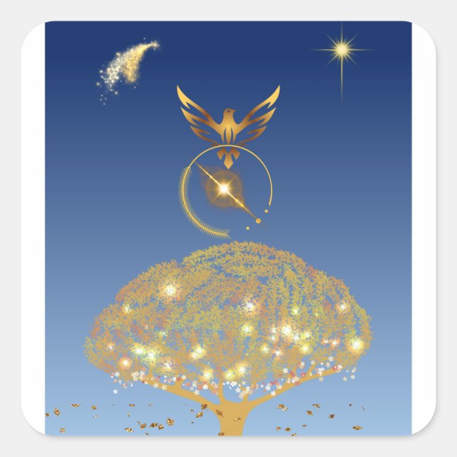 Blue sky: stars, a bird and it's golden tree  square sticker (Front)