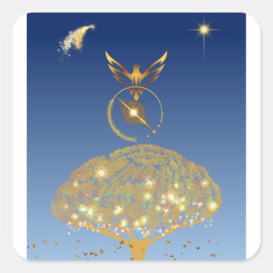 Blue sky: stars, a bird and it's golden tree square sticker