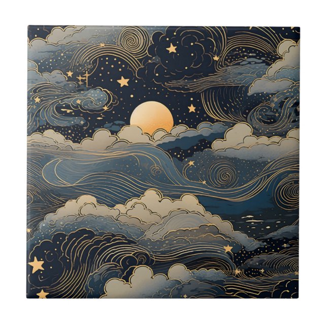 Blue sky stars moon retro tile (Front)