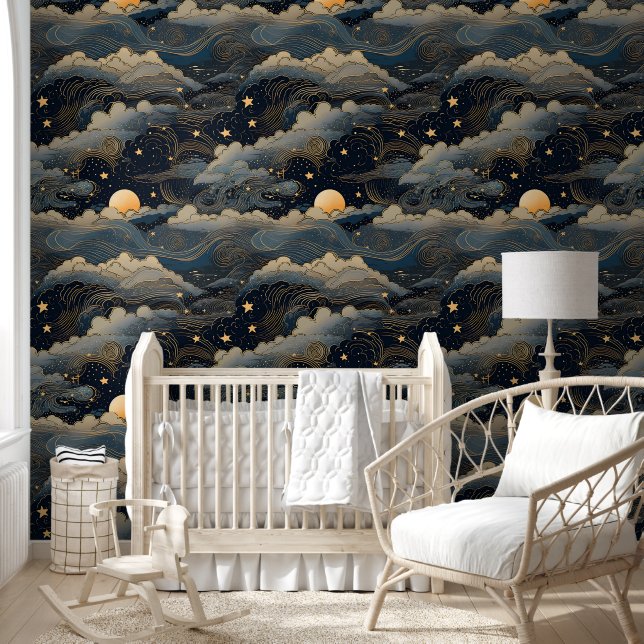 Blue sky stars moon retro wallpaper (Kids)