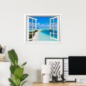 Blue Sky Tranquil Sea View Fake Window Poster (Home Office)