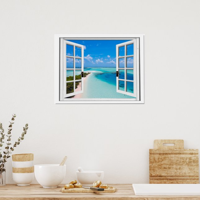 Blue Sky Tranquil Sea View Fake Window Poster (Kitchen)