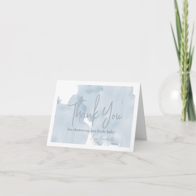 Blue Sky Watercolor Boy Baby Shower Thank You Card (Front)