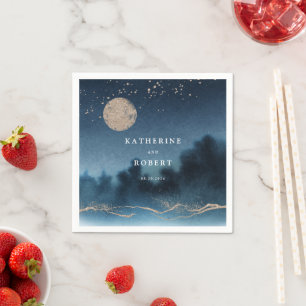 Blue Sky Watercolor Landscape Wedding Monogram Napkin