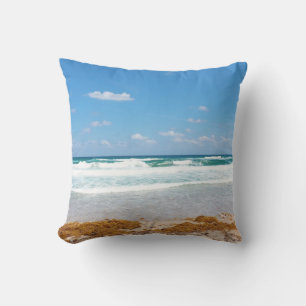 Blue Sky Waves Crashing Shoreline View Cushion