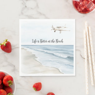 Blue Sky White Aeroplane Beach Ocean Coast Napkin