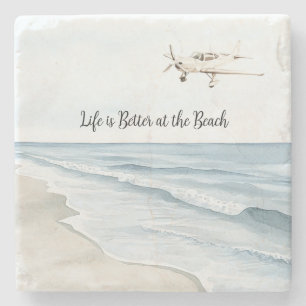 Blue Sky White Aeroplane Beach Ocean Coast Stone Coaster