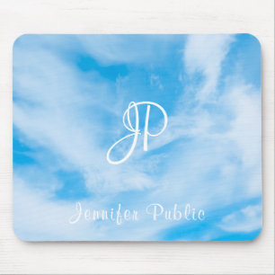 Blue Sky White Clouds Calligraphy Text Monogram Mouse Mat