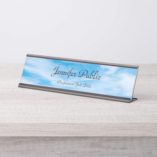Blue Sky White Clouds Modern Elegant Template Desk Name Plate (Front)