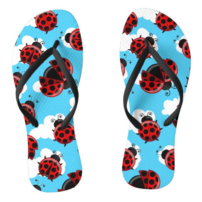 Blue Sky White Clouds Red Ladybug Beetle Flip Flops (Footbed)